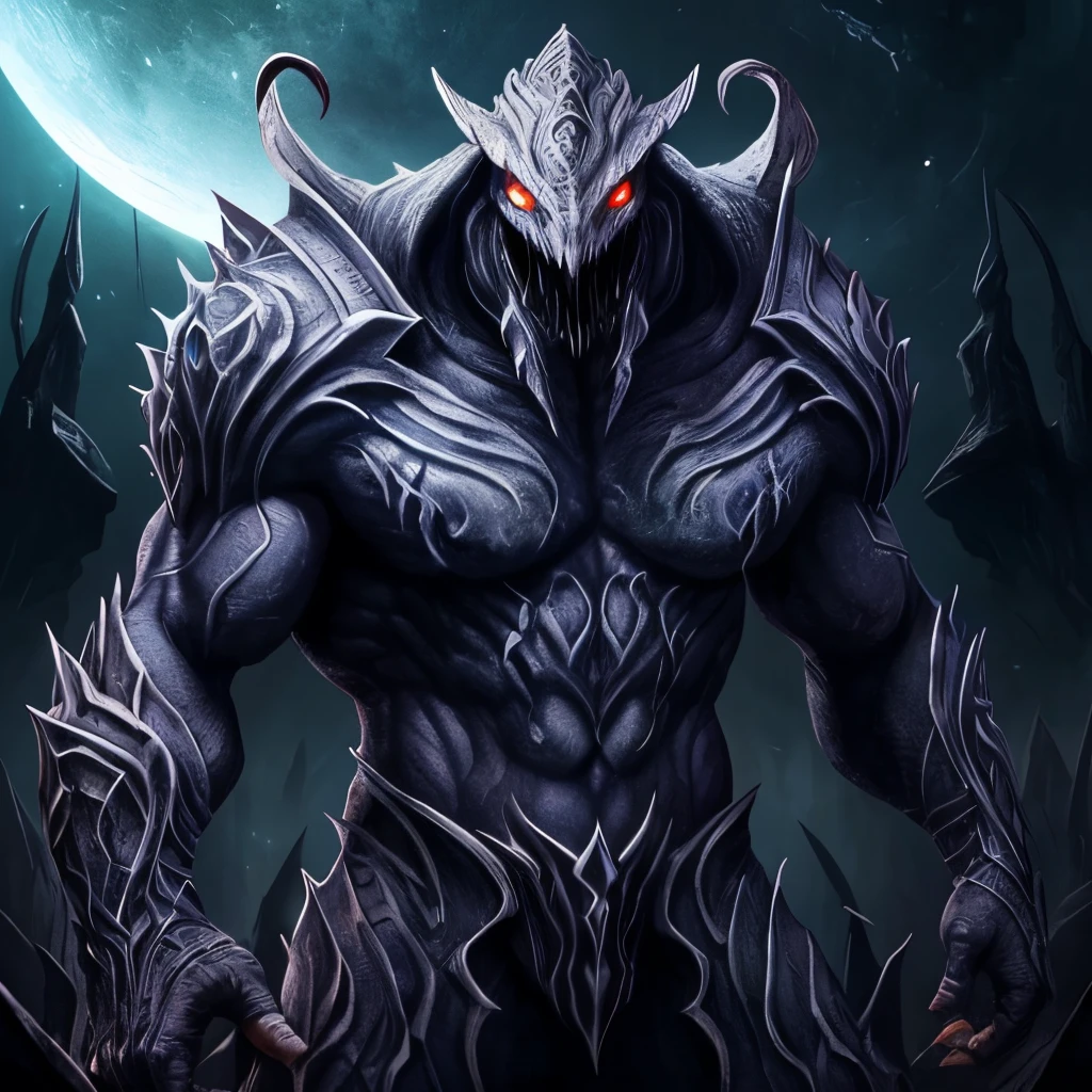 Create a masterpiece of a pale white humanoid alien with sharp teeth sticking out of its mouth, olhos cor de violeta, reptilian with insect and ram characteristics'chifres, busto, ultradetalhada, inspirado em darksiders, scientific fiction, Horror cosmic, assustador, Gloomy Illumination, obra-prima, melhor qualidade, 8k