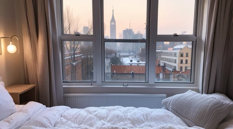 Cosy bedroom，December，New Year’s Day，festivity，City scenery outside the window