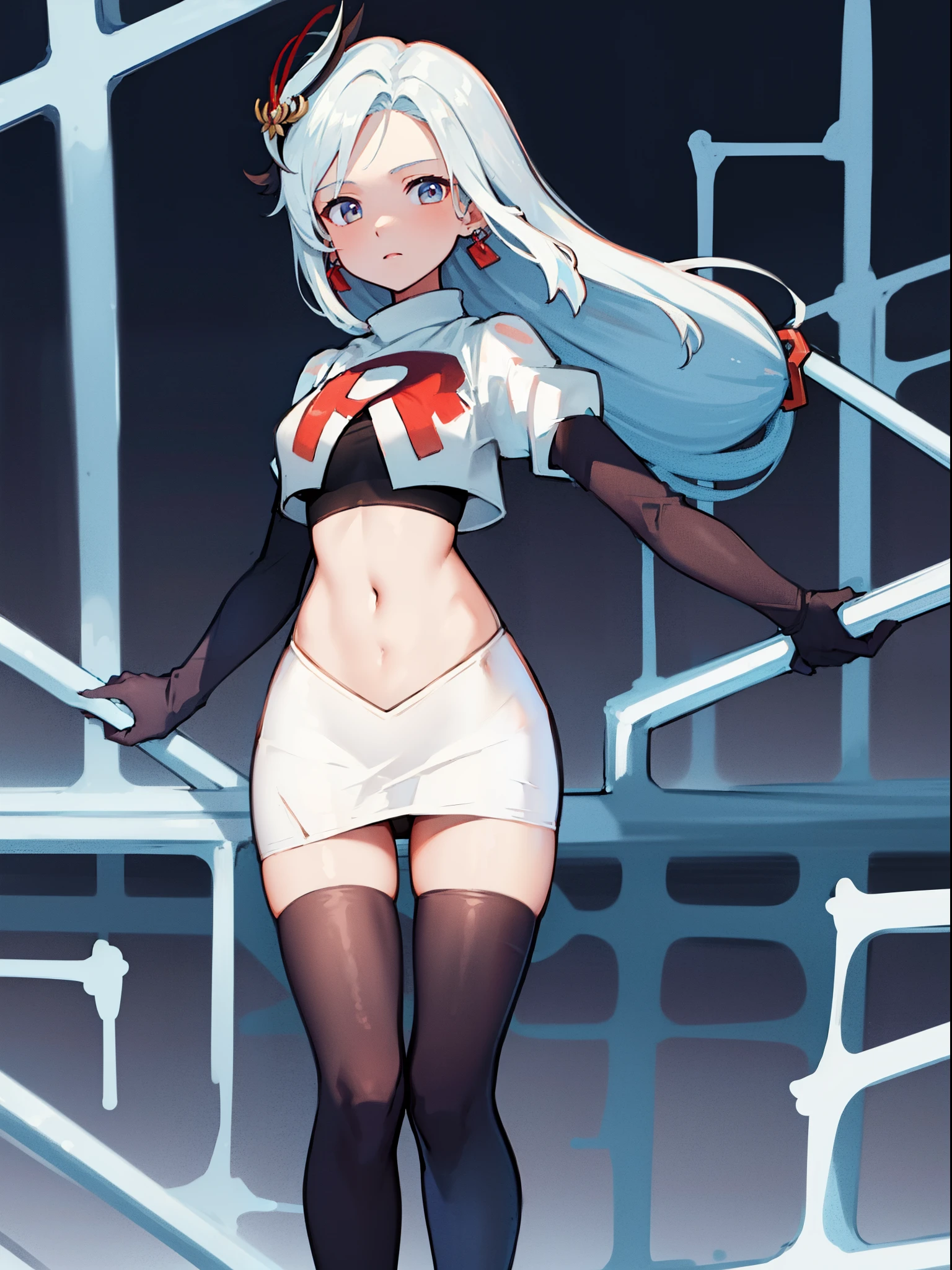masterpiece, best quality, shenhe \(genshin impact\), long hair, 1girl, solo, earrings, hair ornament, team rocket,team rocket uniform, red letter R, white skirt,white crop top,black thigh-highs,black elbow gloves