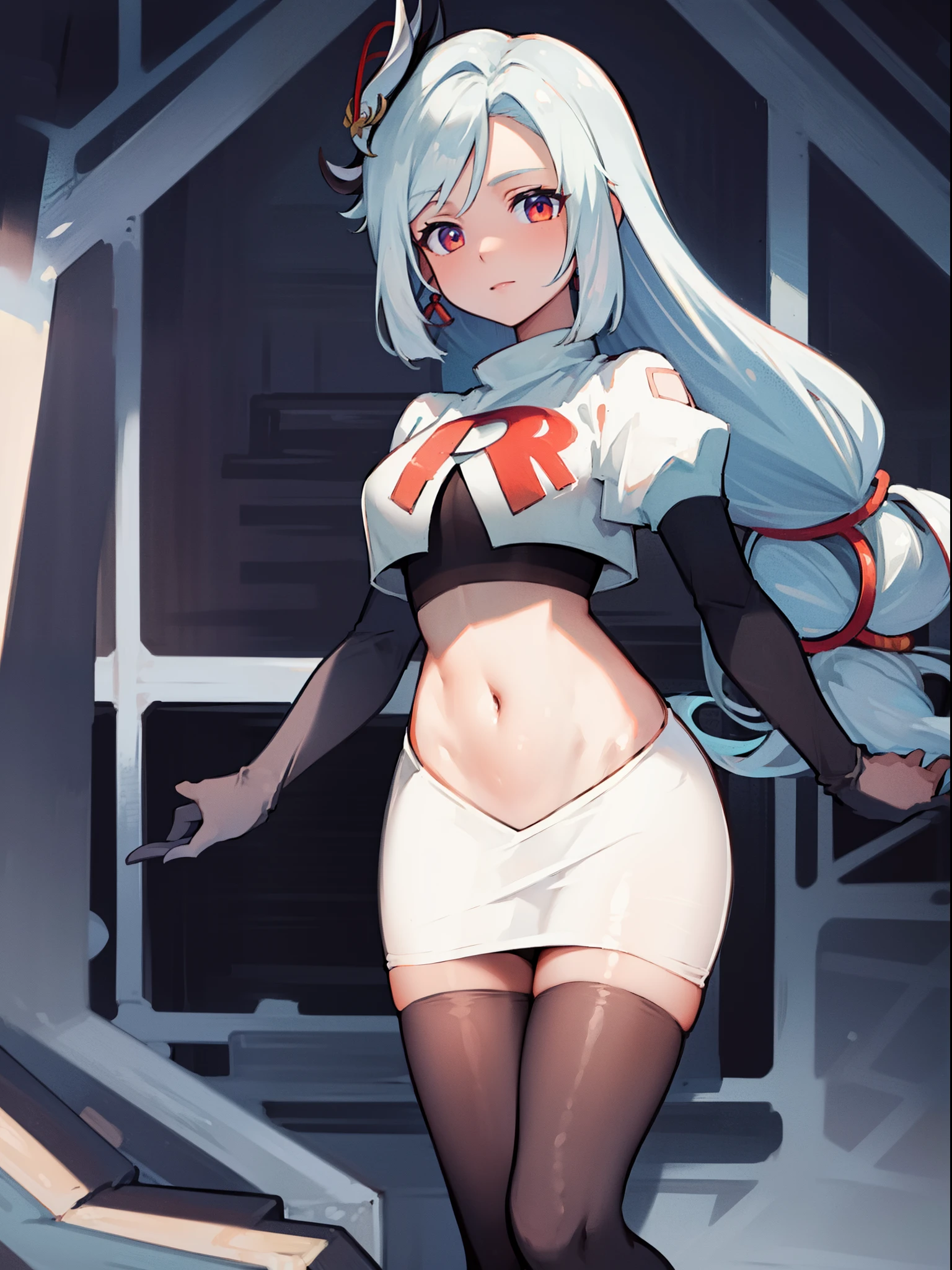 masterpiece, best quality, shenhe \(genshin impact\), long hair, 1girl, solo, earrings, hair ornament, team rocket,team rocket uniform, red letter R, white skirt,white crop top,black thigh-highs,black elbow gloves