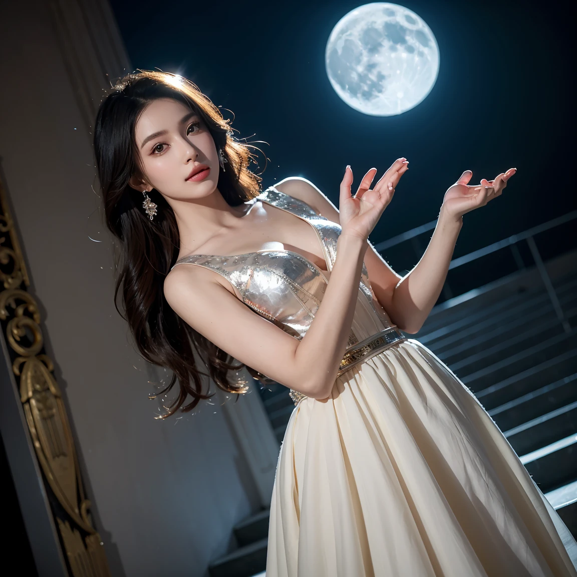 beautifui, perfect shadows, perfect lights, perfect Miss universe, perfect pose, perfect view, best angle, five fingers, fingers in order, realistic fingers, ramp walk model pose, marnier moon shining behind, hair is moonlit