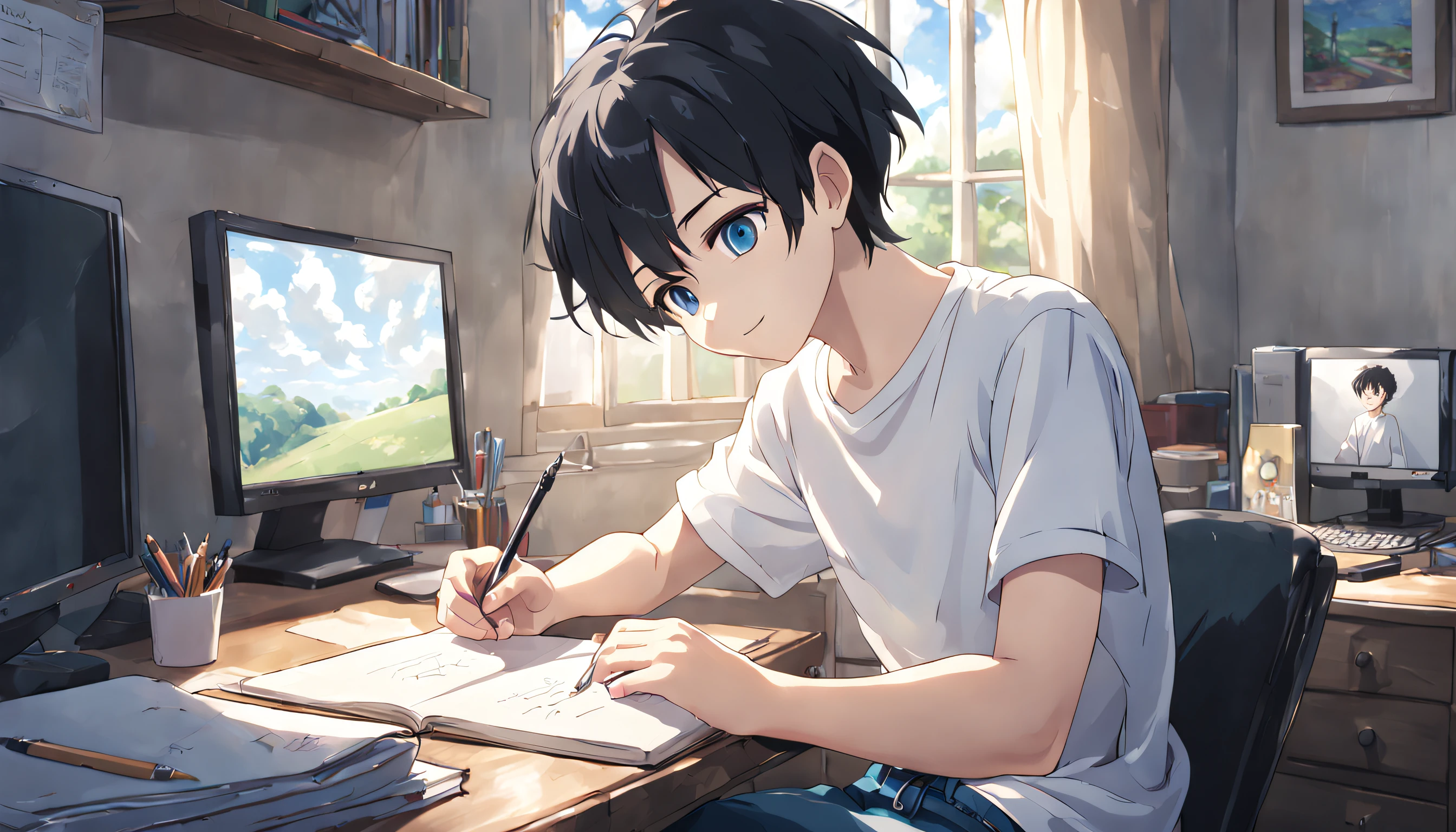 a cinematic still from an anime movie, quaint bedroom single bed, 1 computer on top of the desk, windows with bright sunlight and clouds, 1 boy, short black hair, blue eyes, smiling, well-defined and slightly arched eyebrows wearing plain white shirt, denim pants, sitting in desk, writing with a feather, full body 1.4, facing viewer, high res, Sony fe 24-70mm f/2.8 gm, 32k UHD, moody lighting, muted cinematic color grading --ar 16:9