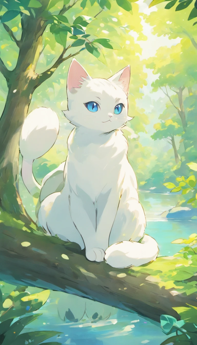 White cat、Blue eyes、sidelong glance、Inside a fantastic forest with a large lake in the background、Elegance、narrow her eyes、Fantastical、hali々and has、Condescending、directly facing a tree branch