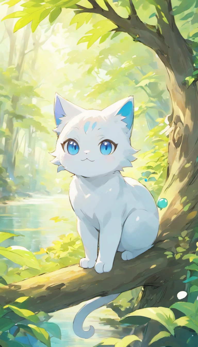 White cat、Blue eyes、sidelong glance、Inside a fantastic forest with a large lake in the background、Elegance、narrow her eyes、Fantastical、hali々and has、Condescending、directly facing a tree branch