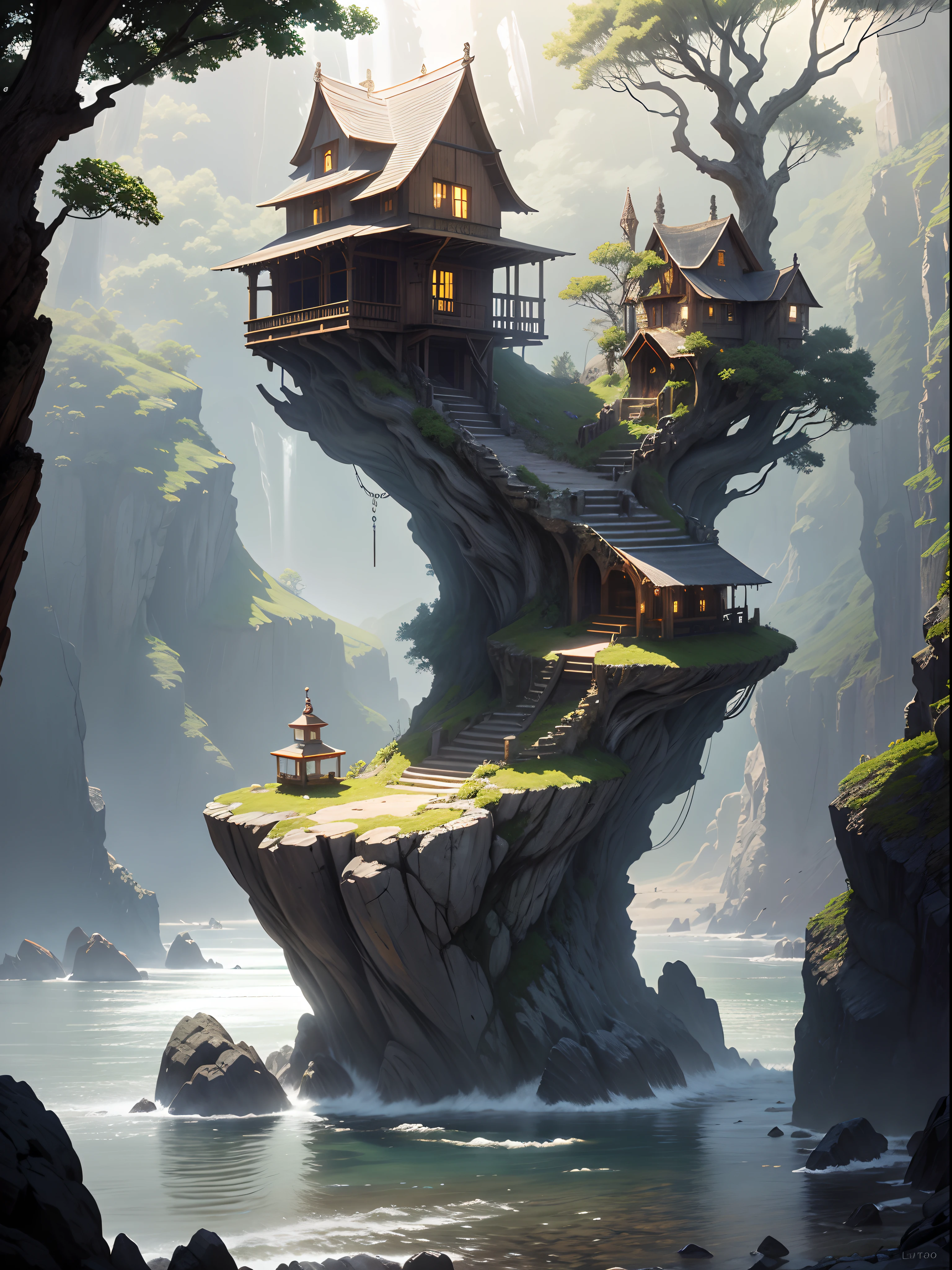 ((art by Luis Royo)) a tree house built on a rock by the ocean, biomorphic, rope bridge, ultra quality, realistic light, realistic shadows, path tracing, ray tracing, radiosity, ambient occlusion, volumetric lighting, specular reflection, diffuse reflection, lumen reflections, glare, global illumination, realistic light, realistic shadow, lens flare, crepuscular rays, volumetric fog, rule of thirds