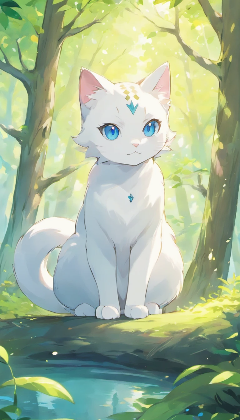 White cat、Blue eyes、sidelong glance、Inside a fantastic forest with a large lake in the background、Elegance、narrow her eyes、Fantastical、hali々and has、Condescending、Head directly towards the tree branch