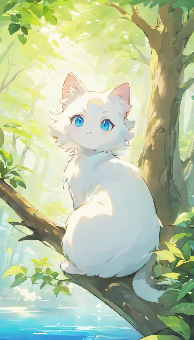 White cat、Blue eyes、sidelong glance、Inside a fantastic forest with a large lake in the background、Elegance、narrow her eyes、Fantastical、hali々and has、Condescending、Head directly towards the tree branch