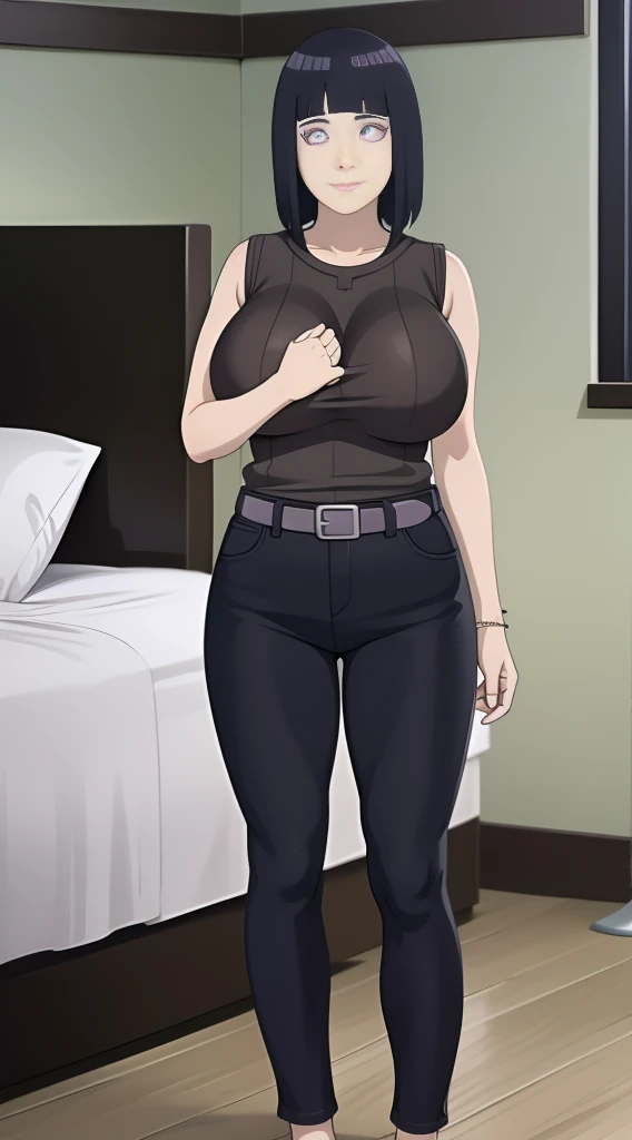 TWINS, HAPPY FACE, full body, standing on bed, masterpiece, best quality, ultra-detailed, absurdres, Potrait of beautiful Hinata / Hinata hyūga (Hinata Hinata) / [Boruto: Naruto Next Generations], solo, denim, breasts, belt, big breasts, volumetric lighting, best quality, masterpiece, intricate details, tonemapping, sharp focus, hyper detailed, trending on Artstation