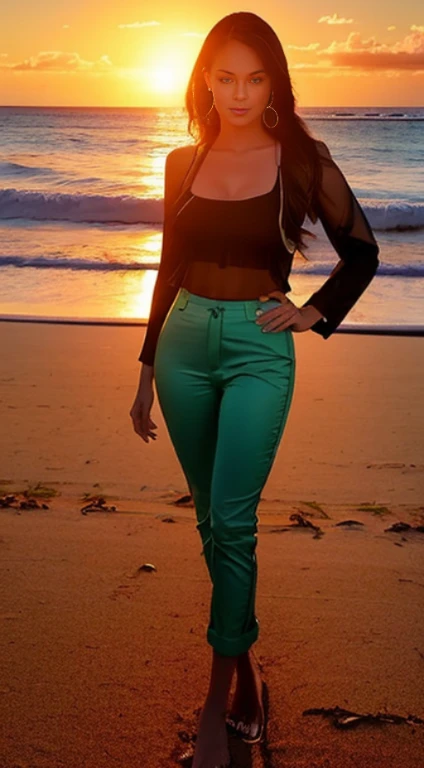 A beautiful woman, toplss and vinyl pants standing confidently on a (((beach at sunset))) where her legs are fully visible through the see-through bottoms, revealing a playful glimpse of her sexy body, model
