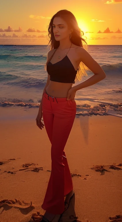 A beautiful woman, toplss and vinyl pants standing confidently on a (((beach at sunset))) where her legs are fully visible through the see-through bottoms, revealing a playful glimpse of her sexy body, model