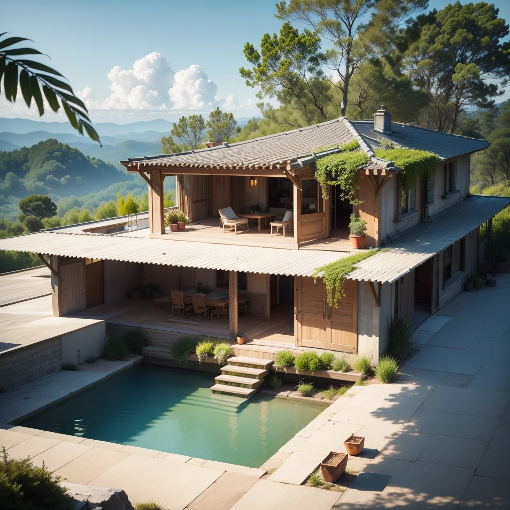 "Plantes sur le toit, auvent, verdure luxuriante, Quiet and peaceful atmosphere."