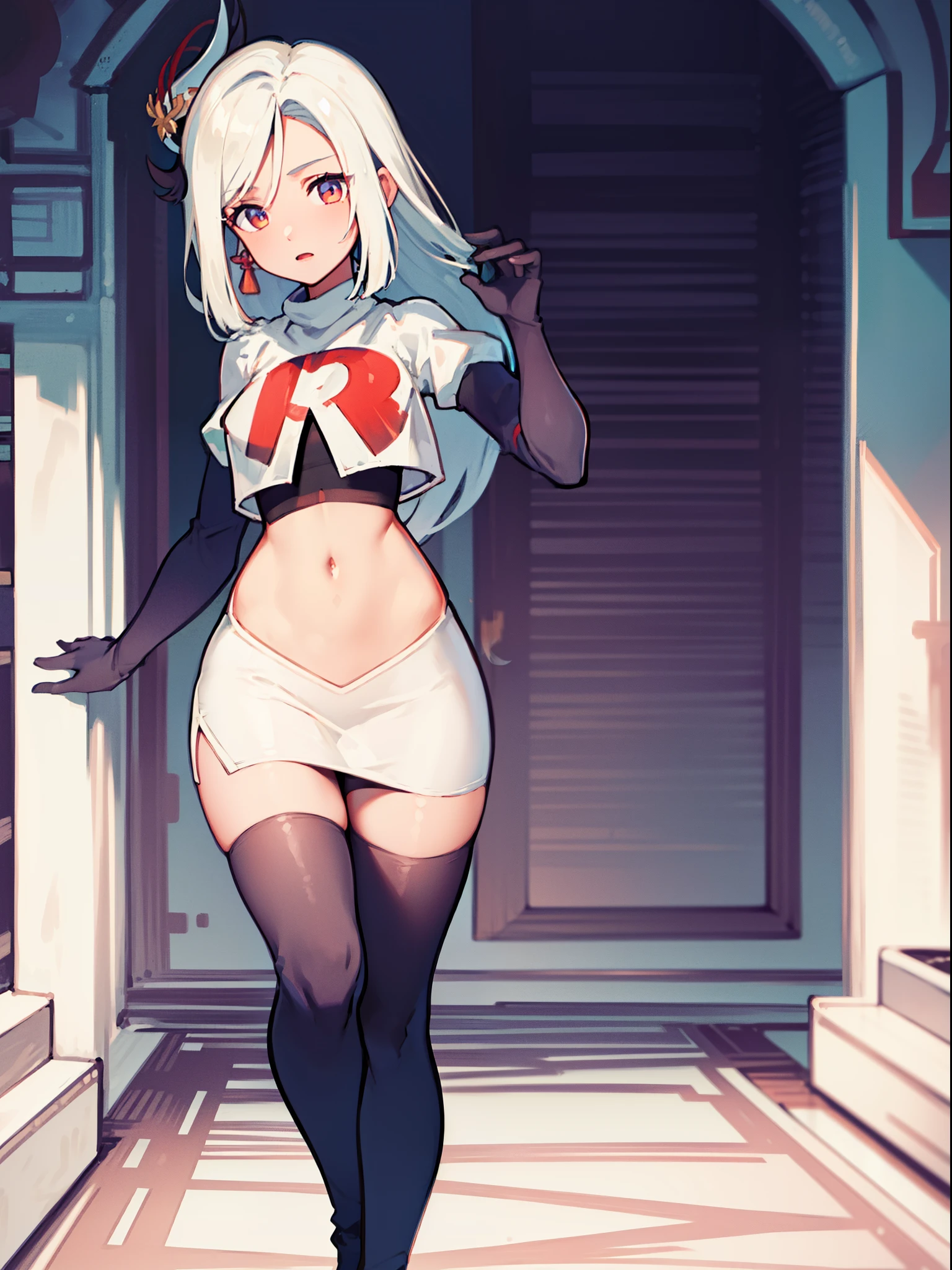 masterpiece, best quality, shenhe \(genshin impact\), long hair, 1girl, solo, earrings, hair ornament, team rocket,team rocket uniform, red letter R, white skirt,white crop top,black thigh-highs,black elbow gloves