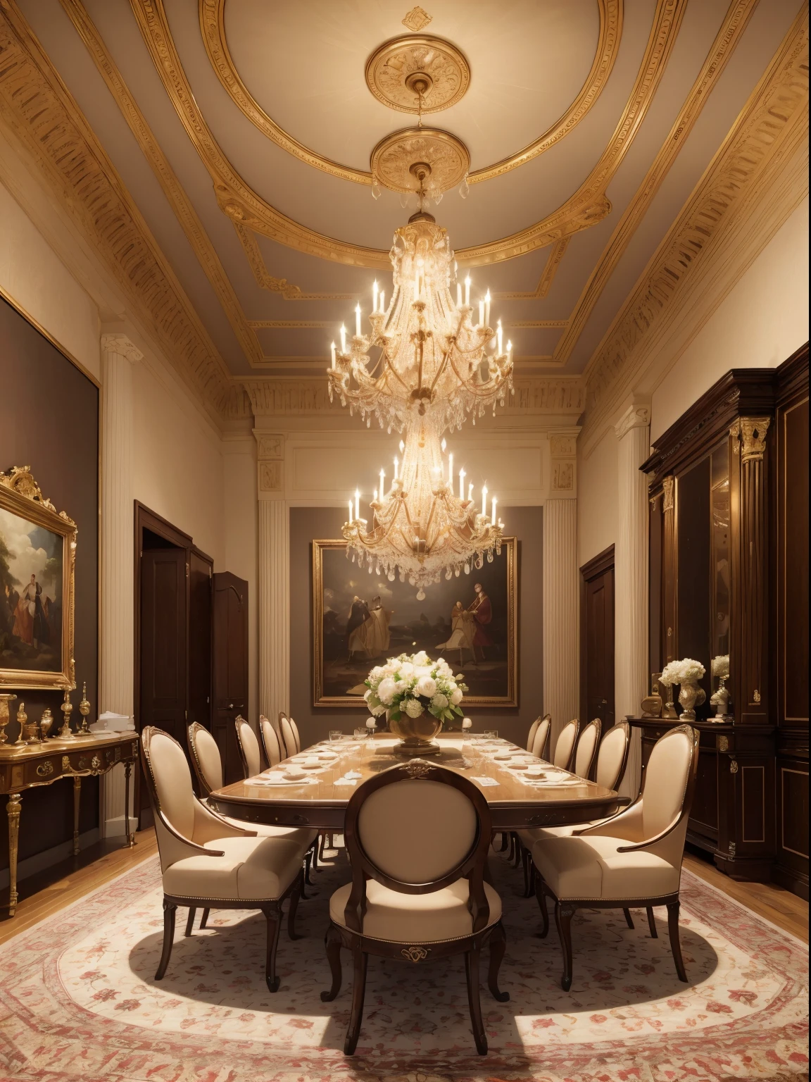 luxurious living room, designed vintage atmosphere, elegant design highlighting the historical and cultural ambiance, adorning the walls is a magnificent grand oil painting, antique vases and artifacts embellish the dining table, (best quality, 4k, 8k, high res, masterpiece:1.2), ultra-detailed, (realistic, photorealistic, photo-realistic:1.37), elegant design, vintage vibe, cultural ambiance, magnificent grand oil painting, antique vases, and artifacts