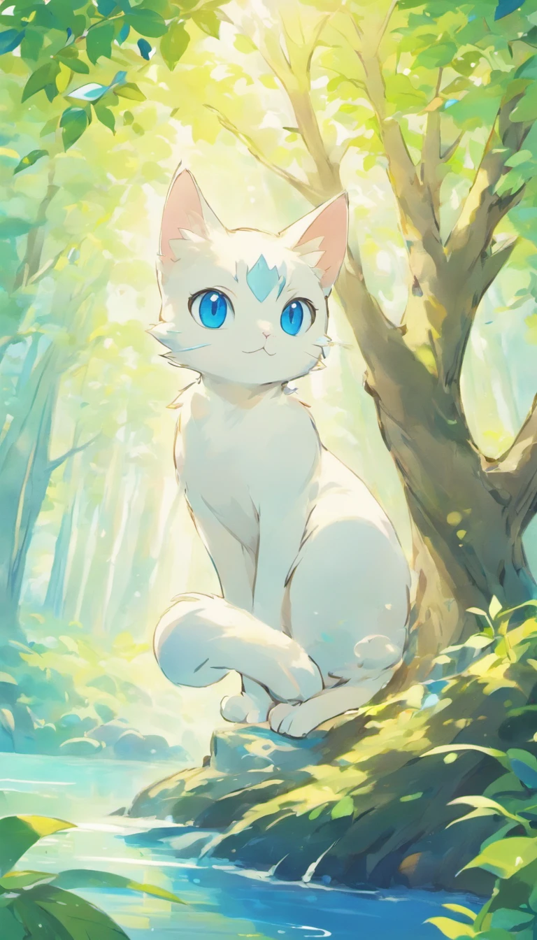 White cat、Blue eyes、sidelong glance、Inside a fantastic forest with a large lake in the background、Elegance、narrow her eyes、Fantastical、hali々and has、Condescending、Go straight towards the tree branch