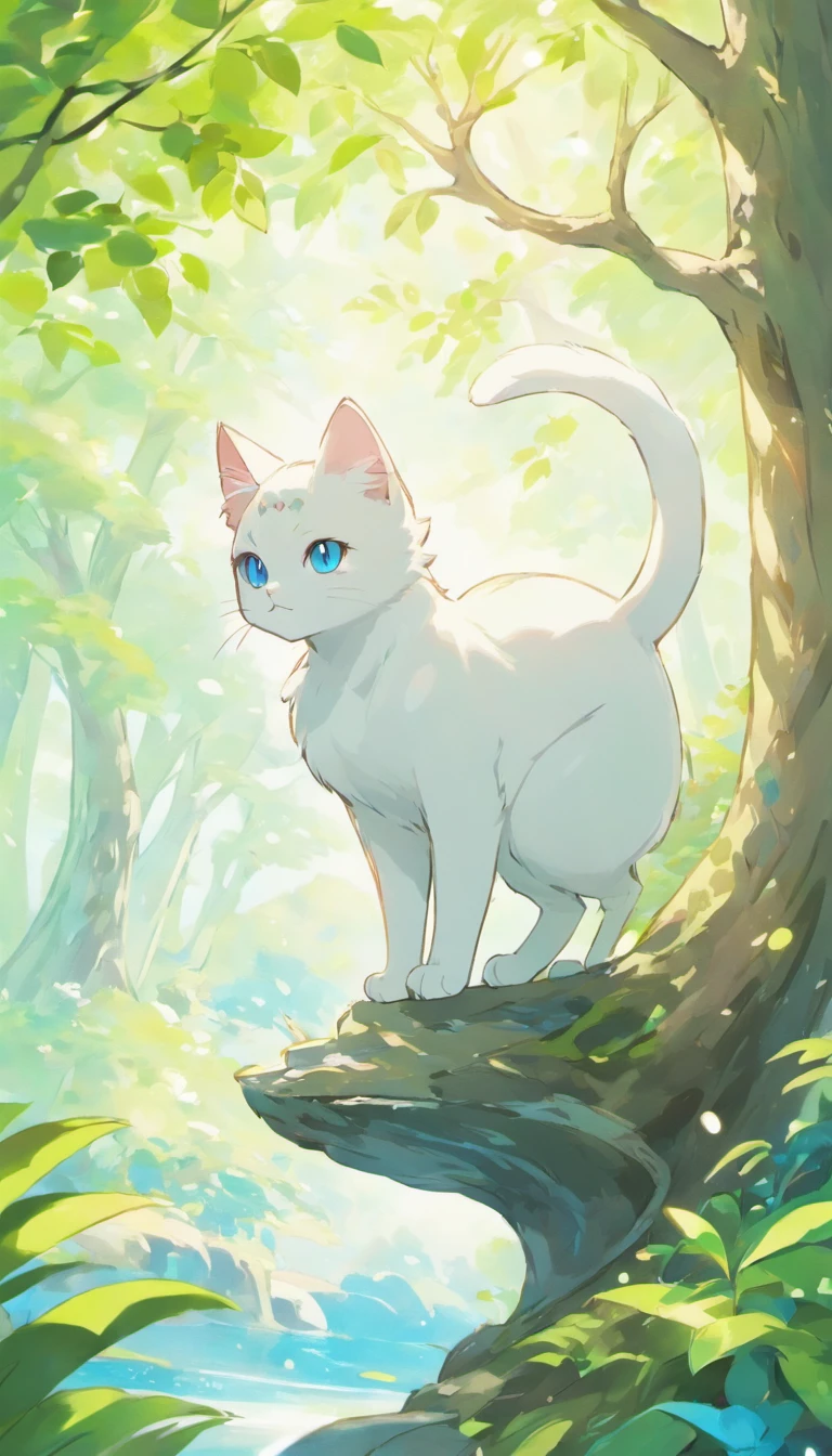 White cat、Blue eyes、sidelong glance、Inside a fantastic forest with a large lake in the background、Elegance、narrow her eyes、Fantastical、hali々and has、Condescending、Go straight towards the tree branch