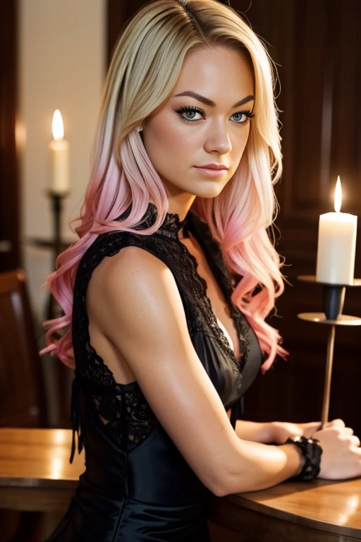 Yvonne strahovski, taken with iphone camera BREAK medium shot of a pretty young woman BREAK (ombre:1.3) blonde pink BREAK film grain, medium quality, black plunging sexy gothic dress, sitting at a candle lit table