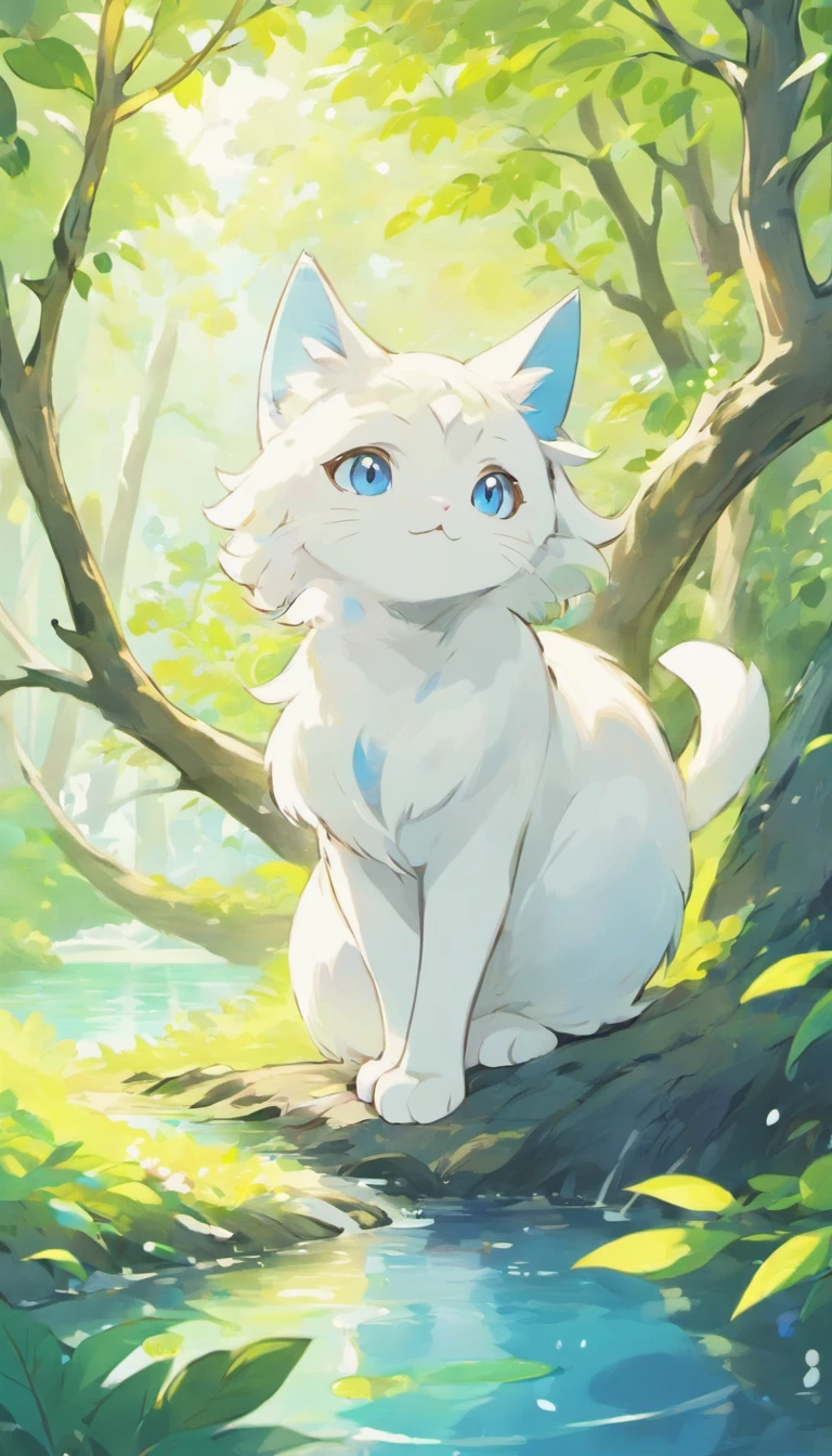 White cat、Blue eyes、sidelong glance、Inside a fantastic forest with a large lake in the background、Elegance、narrow her eyes、Fantastical、hali々and has、Condescending、Go straight towards the tree branch