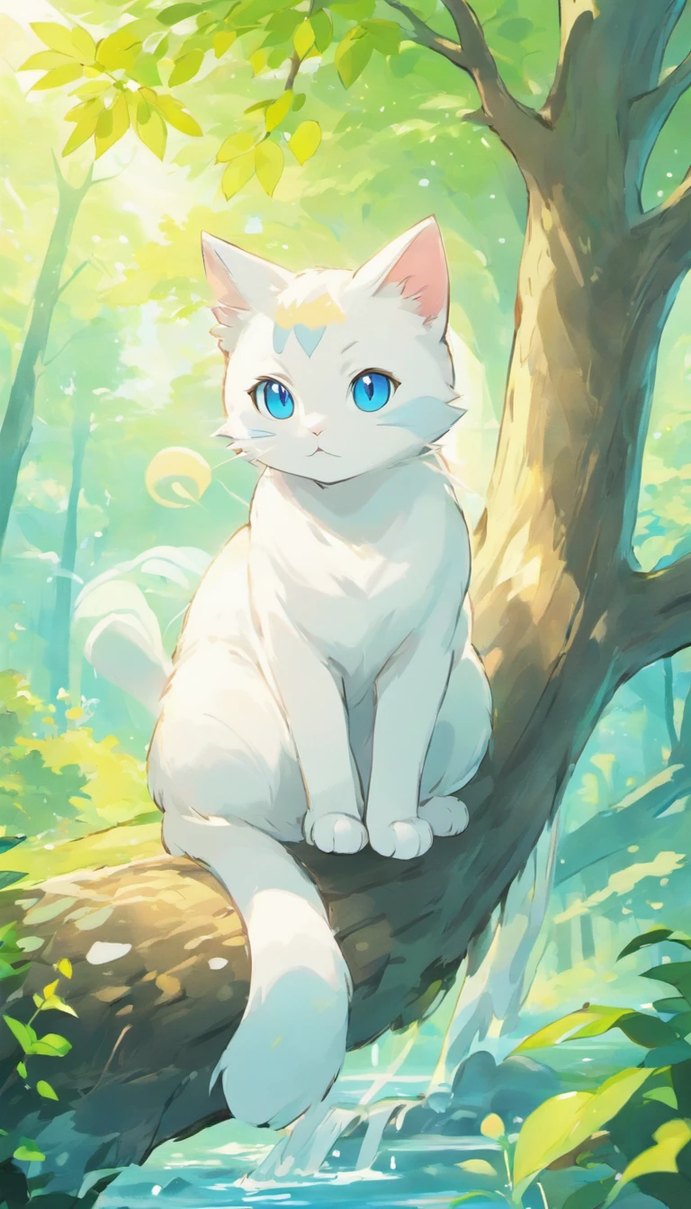 White cat、Blue eyes、sidelong glance、Inside a fantastic forest with a large lake in the background、Elegance、narrow her eyes、Fantastical、hali々and has、Condescending、Go straight towards the tree branch