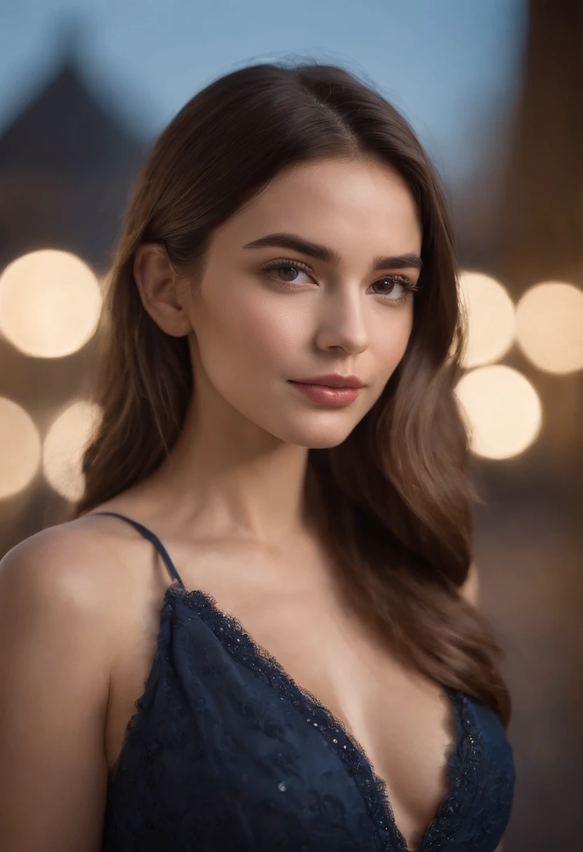 Influencer de Instagram femenina blanca realista, La mejor calidad, rubio, 1人の女の子, ojos azules, con un vestido corto ????? ajustado en el club (((Cofre enorme,Un pecho regordete))