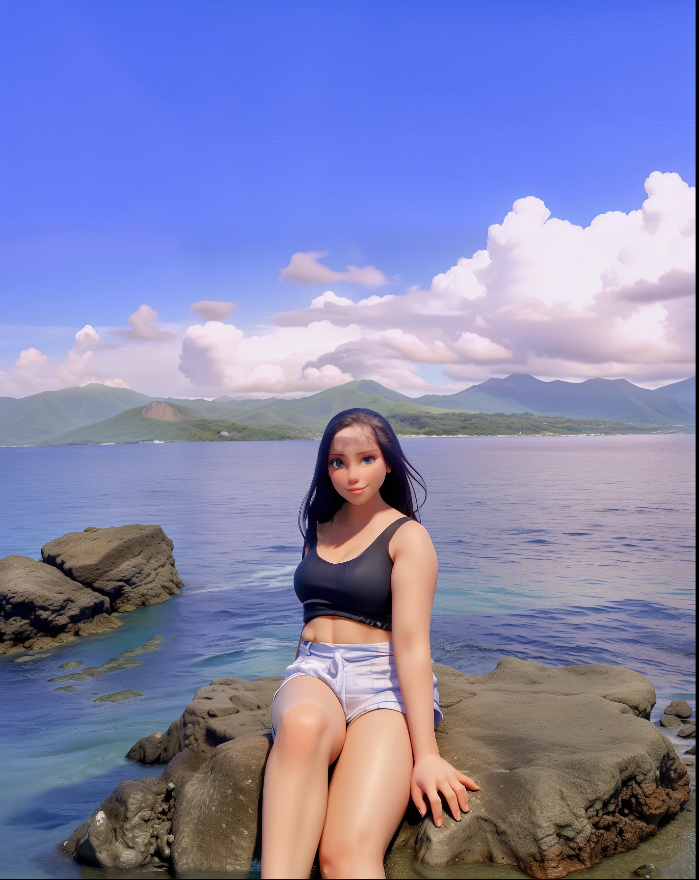 there is a woman sitting on a rock in the water, with mountains in the background, posing on a beach with the ocean, the ocean in the background, paradise in the background, ocean in the background, on the ocean water, at the sea, sitting at the beach, with mountains in background, at a tropical beach, with a volcano in the background