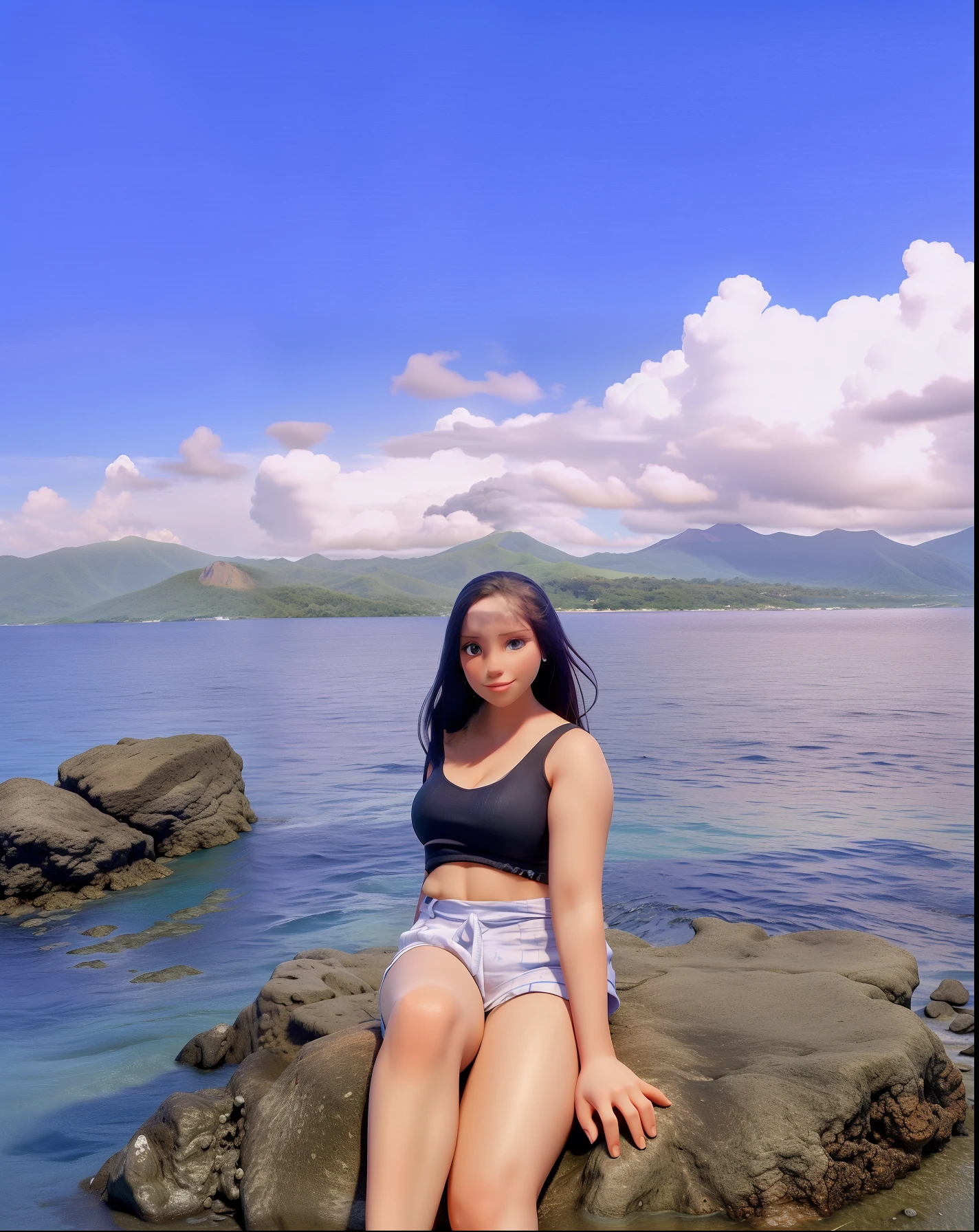 there is a woman sitting on a rock in the water, with mountains in the background, posing on a beach with the ocean, the ocean in the background, paradise in the background, ocean in the background, on the ocean water, at the sea, sitting at the beach, with mountains in background, at a tropical beach, with a volcano in the background