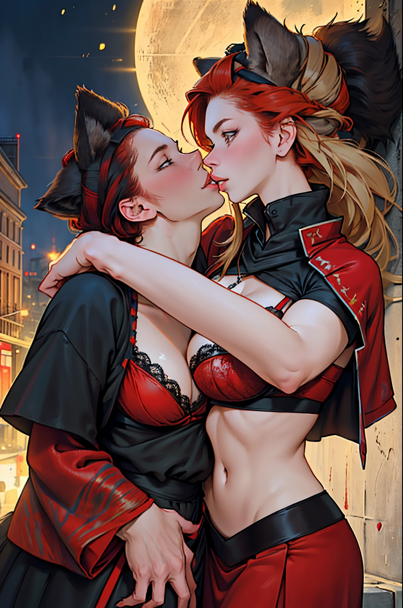 Depicts a powerful werewolf hugging a blonde girl,(((black humanoid wolf))),(((Black furry humanoid wolf))),(((beautiful sexy girl))),(((Girls wear:red head band, cloaks, Large bra, a skirt, red long skirt,laced dress))),((Sexual suggestiveness)),Correct anatomy,Detailed faces, 詳細な目,(((the right proportions))),The city at night,The lights came on,romantic love story,Warm pictures,warm color palette,