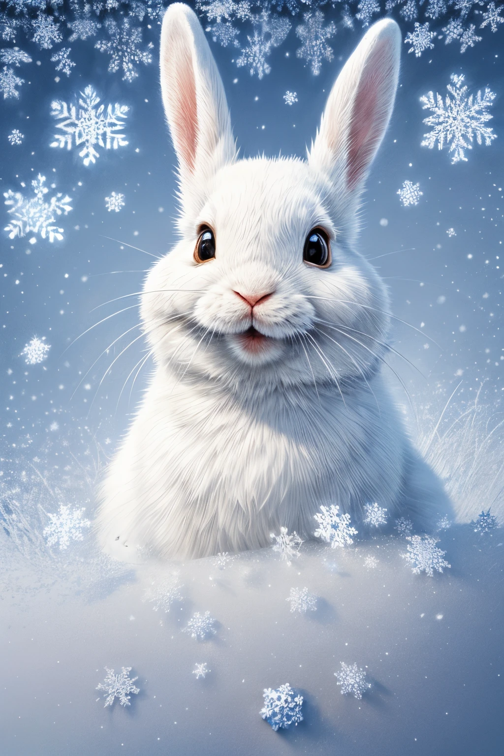 (Best quality,tmasterpiece:1.2),ultra - detailed,actual,realistically:1.37,Draw one,Soft brushstrokes, Frozen snowflakes arranged in the shape of a rabbit, ultra-realistic realism, Reminiscent of Salvador Dalí