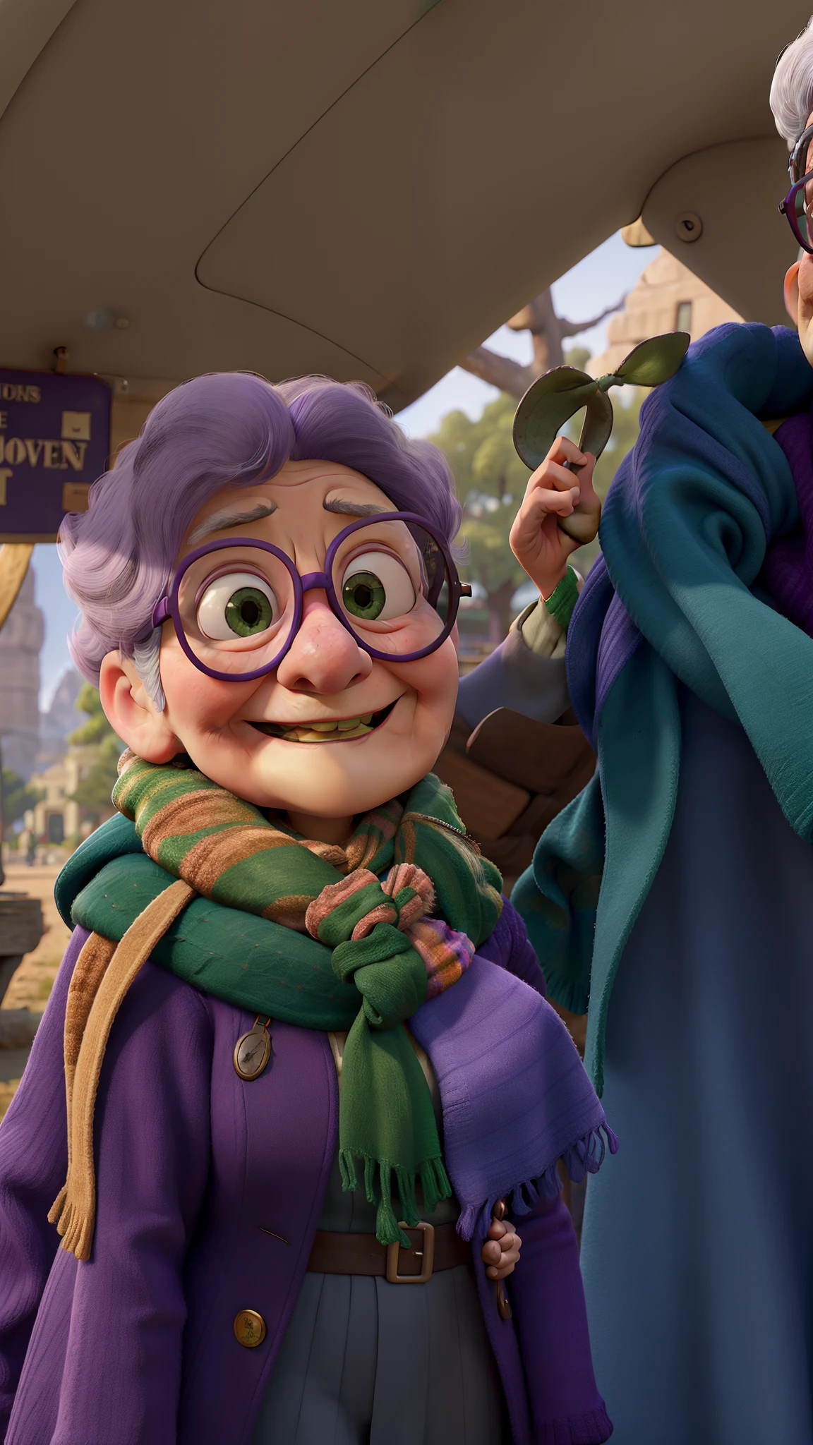 masterpiece, best quality, an old woman with glasses and a scarf on, wearing a purple coat and green scarf, standing at the park