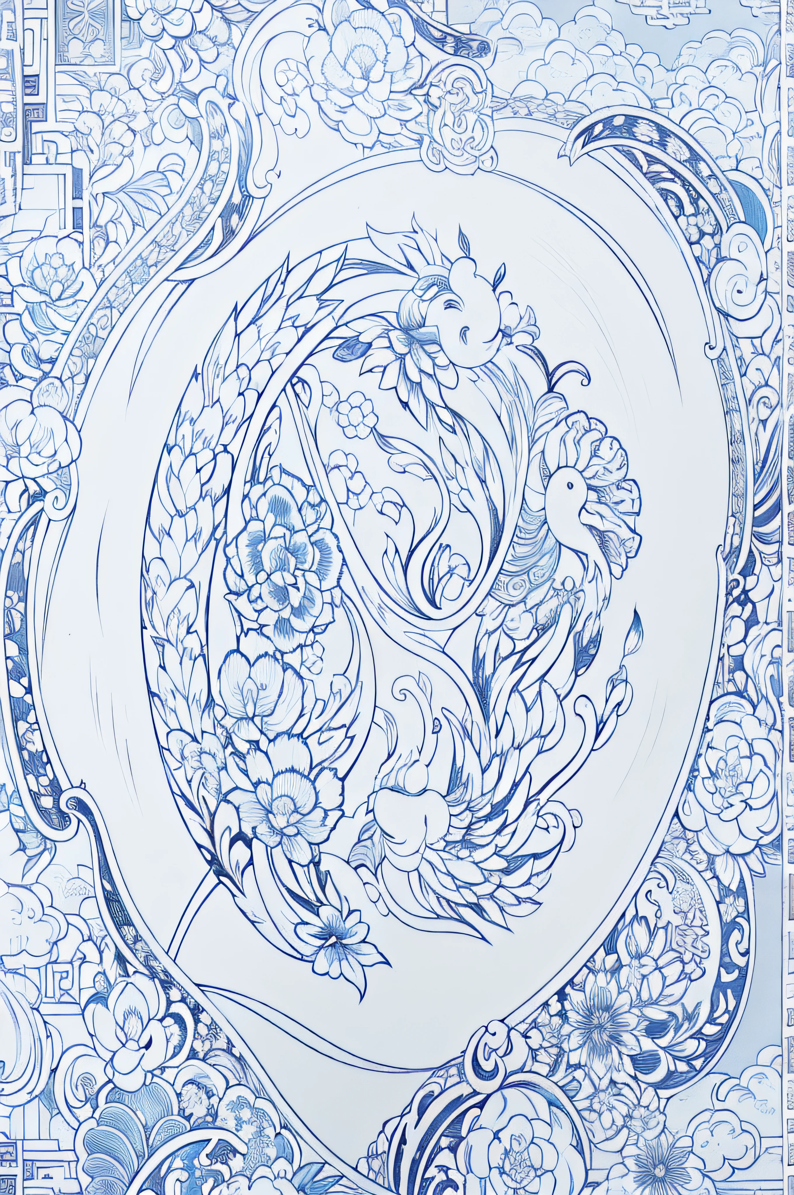 ornate motifs,Chinese motif,Traditional pattern,Blue and white porcelain traditional pattern,Combine geometric patterns with flora and fauna