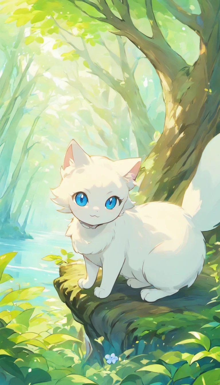 White cat、Blue eyes、sidelong glance、Inside a fantastic forest with a large lake in the background、Elegance、narrow her eyes、Fantastical、hali々and has、Condescending、Go straight towards the tree branch