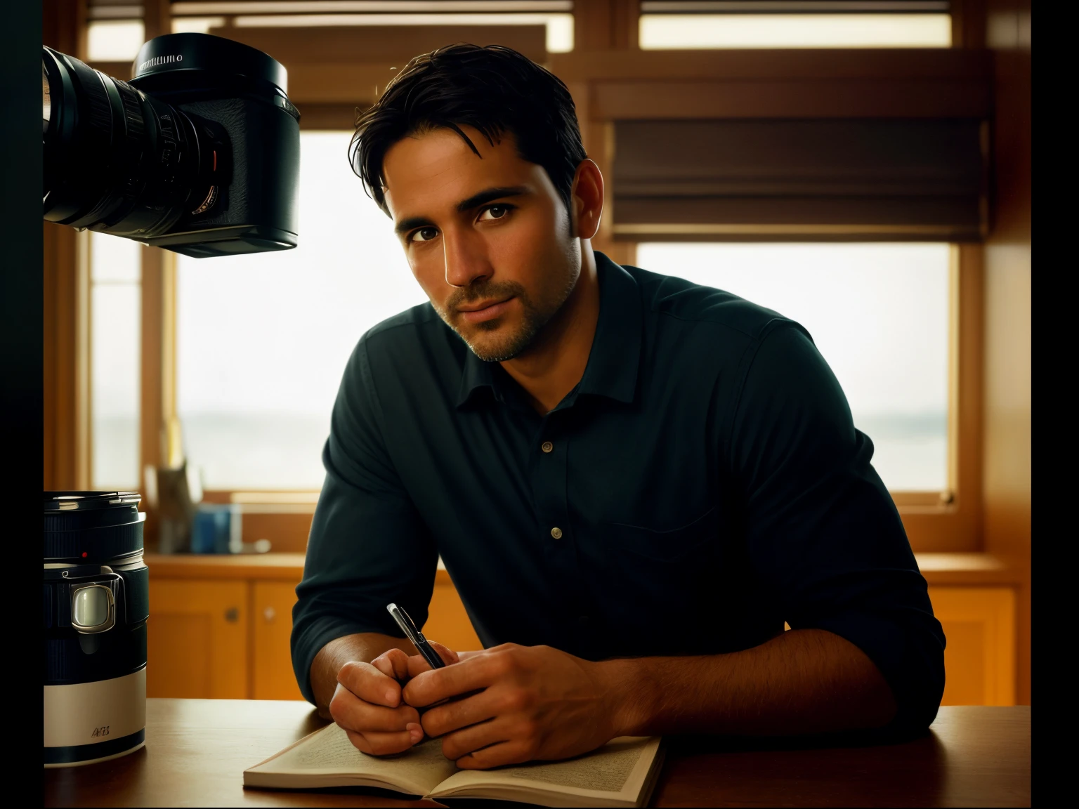 Create a masterful masterpiece book cover of a 35-year-old man dreaming of a better life by looking at the ultra-detailed horizon inspired by Drew Struzan,Soft lighting, Obra maestra, La mejor calidad, 8k UHD, DSLR, Film grain, pintura fotorrealista Fujifilm XT3