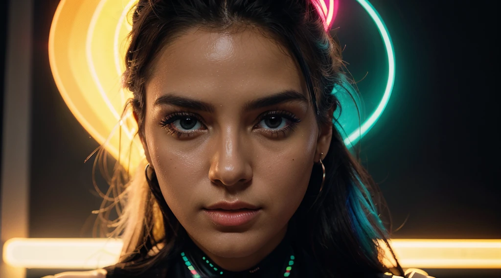 "Crie uma imagem de qualidade excepcional, Packed with advanced detail and a cinematic style, destacando um retrato iluminado por cores neon brilhantes. Creatively add neon elements around the template, garantindo um visual moderno, vibrante e esteticamente impactante. Explore the interplay between neon lighting and portrait contours to create captivating contrast. Pay special attention to detail, providing an immersive and contemporary visual experience, that captures the essence of neon aesthetics in a unique way."