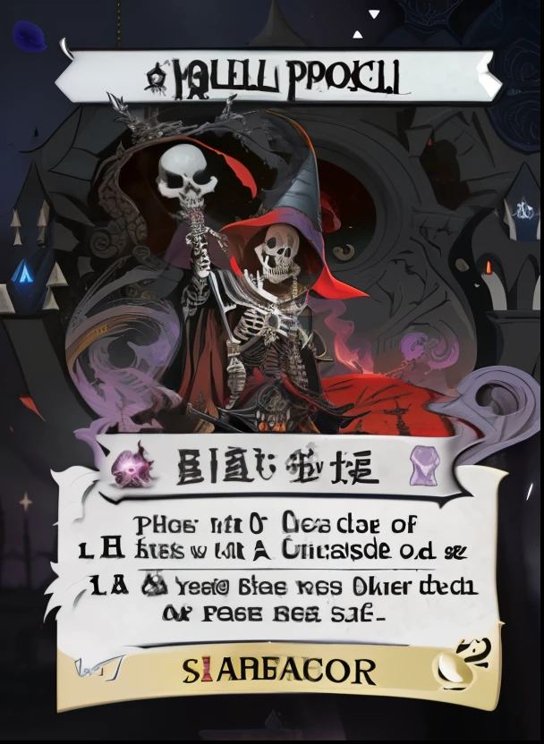 a close up of a card with a skeleton on it, full card design, skeleton king, witch - doctor, undead skeleton king, king of time reaper, card art, deck of many things, undead lich, front game card, summoning terrible odds, skeletal with extra flesh, ui card, master of ruin, holding a skull staff, personification of greed