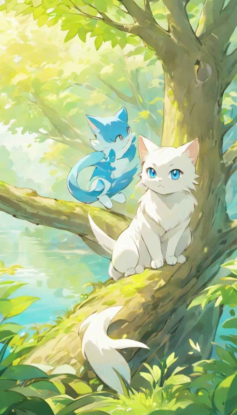 White cat、Blue eyes、sidelong glance、Inside a fantastic forest with a large lake in the background、Elegance、narrow her eyes、Fantastical、hali々and has、Condescending、Go straight towards the tree branch