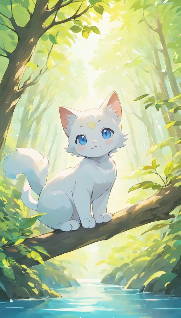 White cat、Blue eyes、sidelong glance、Inside a fantastic forest with a large lake in the background、Elegance、narrow her eyes、Fantastical、hali々and has、Condescending、Go straight towards the tree branch