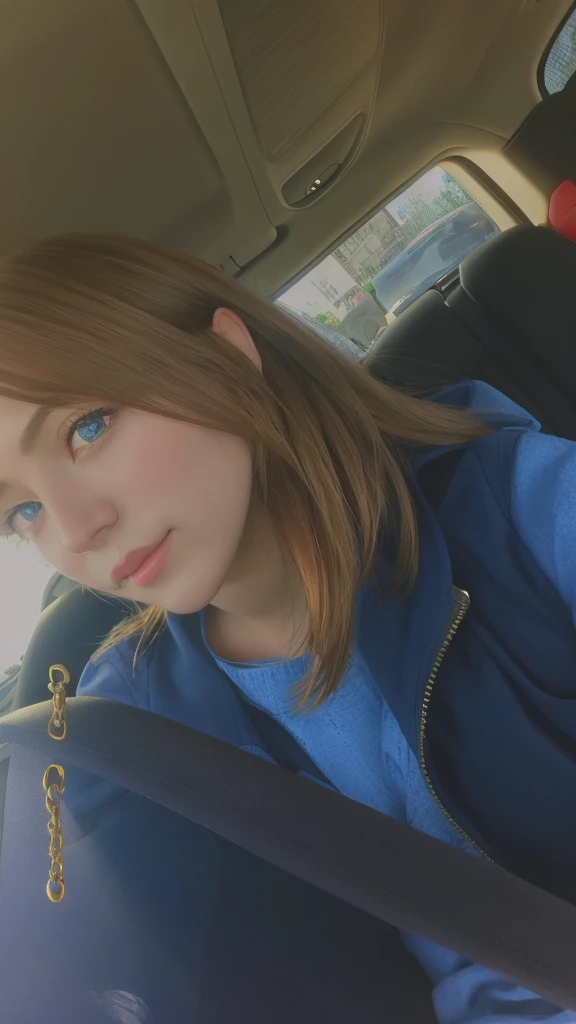 arafed woman in a car with a blue shirt and a blue jacket, low quality photo, light brown hair blue eyes, very very low quality picture, with brown hair, desaturated!!, blue tinted, slightly colorful, very silly looking, she has blue eyes, 1 / 2 headshot, desaturated!, with red hair, pretty blueeyes