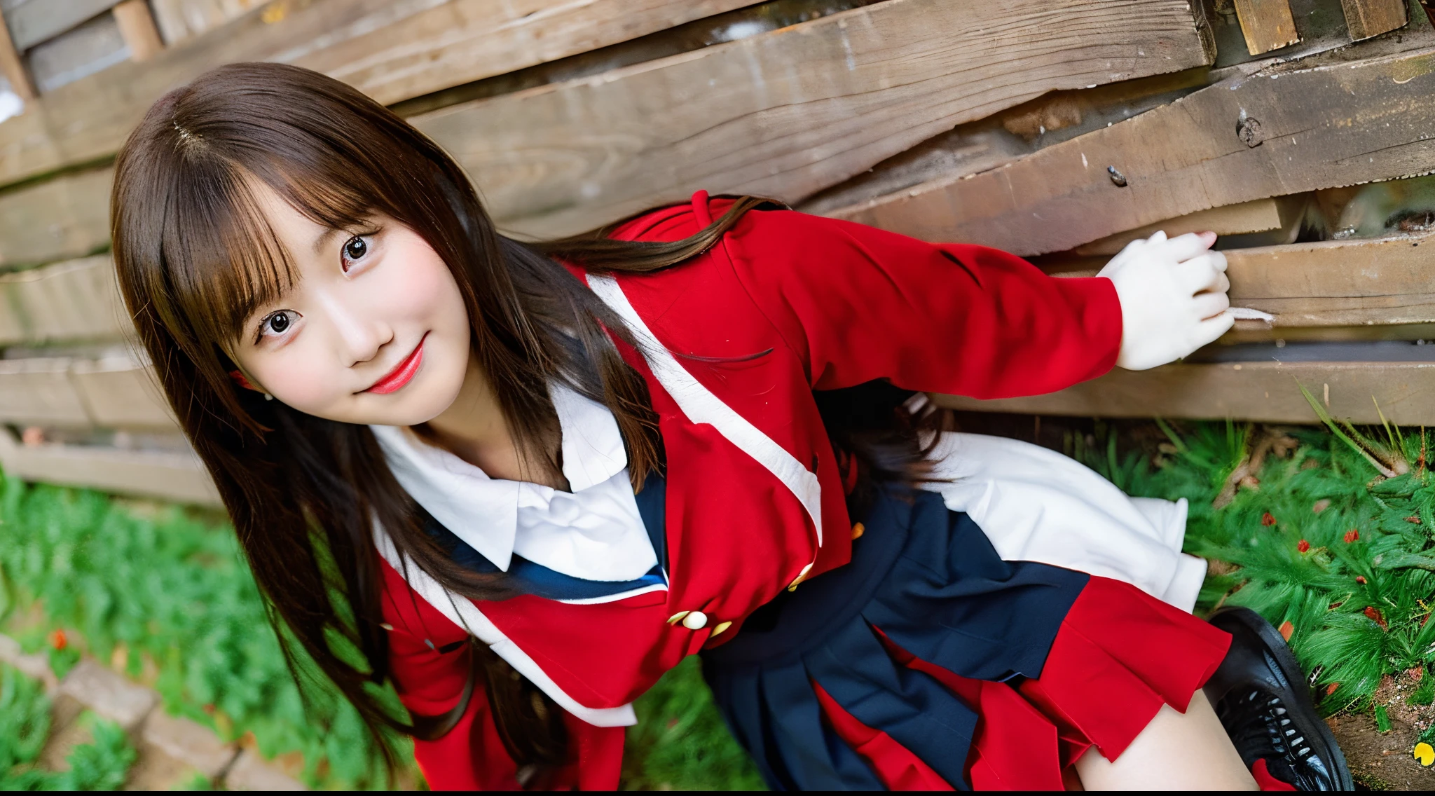 Cute high school girl 18 years old wearing a red miniskirt