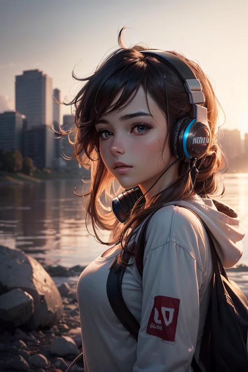 (best quality,highres,ultra-detailed,realistic:1.37),anime style,stunning girl enjoying her music peacefully with headphones in a chaotic environment,landscape in the background