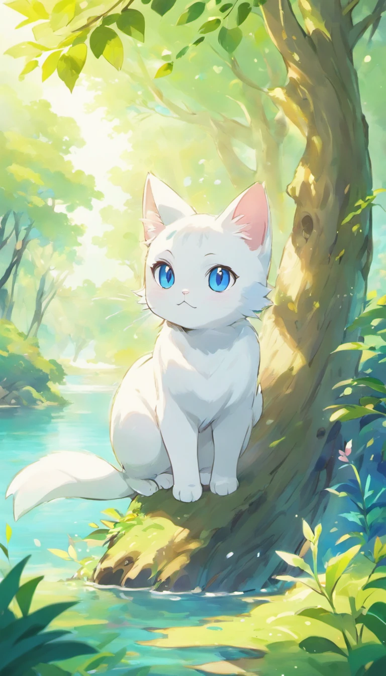 White cat、Blue eyes、sidelong glance、Inside a fantastic forest with a large lake in the background、Elegance、narrow her eyes、Fantastical、hali々and has、Condescending、Go straight towards the tree branch