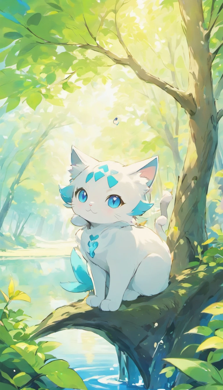 White cat、Blue eyes、sidelong glance、Inside a fantastic forest with a large lake in the background、Elegance、narrow her eyes、Fantastical、hali々and has、Condescending、Go straight towards the tree branch