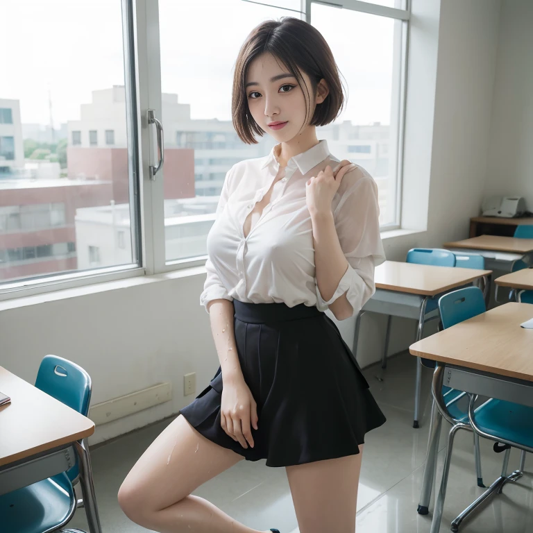 ((Layered haircuts、Colossal tits:1.2)),（in 8K，top-quality），full body shot shot，Watching from a distance，Distant shots，‎Classroom，s Office, meeting room, Pupils，class，JK skirt wearing see-through shirt，Wet shirt, adolable， ssmile， Thin face， short detailed hair， 32K, tmasterpiece， The highest image quality，超A high resolution，Perfect hands，up looking，Wet skin, (((fullllbody))), fullllbody, Legs wide open, Open legs, look to the camera, Eye for detail, Beautiful eyes