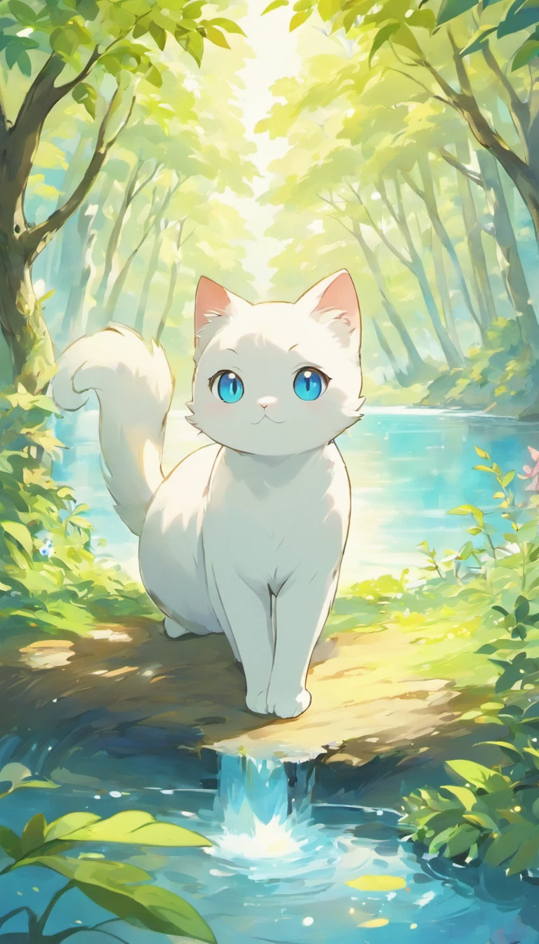 White cat、Blue eyes、sidelong glance、Inside a fantastic forest with a large lake in the background、Elegance、narrow her eyes、Fantastical、hali々and has、Condescending、Go straight towards the tree branch