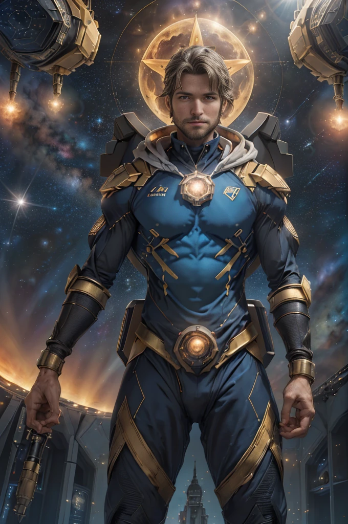 ((um homem )),(( olhos azuis detalhados, looking at the camera)), (( men in various positions)), (( with amulet around the neck)),(( pernas fortes)), (((peito forte)),(( Man, com um rosto perfeito)), (((Um verdadeiro rei)),( ao fundo: Antares Station with Spacecraft Landing Gear , estrela Antares, )), ((uma cidade estrela de Antares)), ((homem forte e sexy nu)), ((Antares Station)). 32k ultra |, Ultra HD |