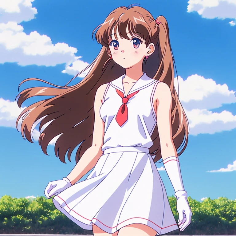 muted pastel colors, retro anime, 2000s anime, 2000s anime, , solo, 1girl, masterpiece, best quality, brown eyes, long brown hair, blunt bangs, brown eyes, steaming, (freckles:0.8), collarbone, exposed shoulders, small breasts, a girl in a white dress and red tie standing in front of a blue sky, twintails, white_gloves, anime visual of a cute girl, :o, confused, (?)