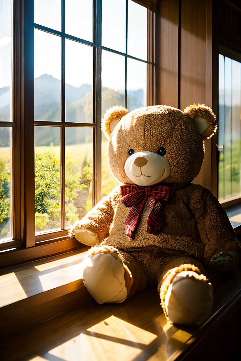A big teddy bear2全身,installed in a large window,You can see the beautiful scenery outside,cute character,Bright light is shining in,Fantastical