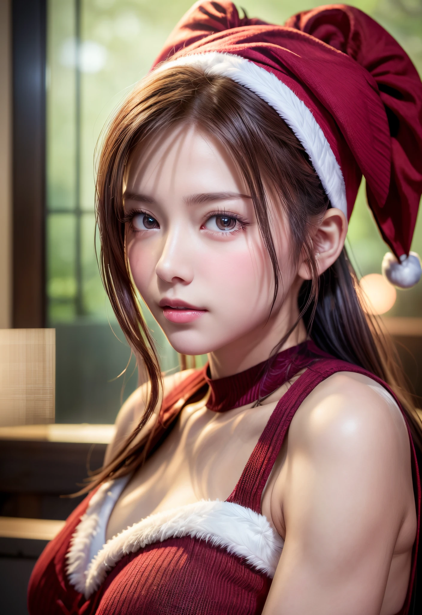 ((masutepiece, best quality, alta resolução, NFFSW, pixel perfeito, 4k, NFFSW, NFFSW))), 1girl em, only one, sozinho, Embelezamento、corpo inteiro visto、 ((Medium Wave Hair, franja, brown hair)), ((olhos castanhos, beautiful eyelashes, olhos realistas)), ((Rosto detalhado, Corar:1.2)), ((textura suave:0.75, Realistic texture:0.65, fotorrealista:1.1, estilo anime CG)), medium breasts, Dynamic angle, Corpo Perfeito, (Fantasia de Papai Noel、Red knitted hat、red and white off the shoulder sweater、saia rodada vermelha e branca、Meias pretas,、Festa de Natal、(no-bra、mamilos transparentes)、、、Emphasis on the chest、Stay out buttocks、Very embarrassing panic smile、、