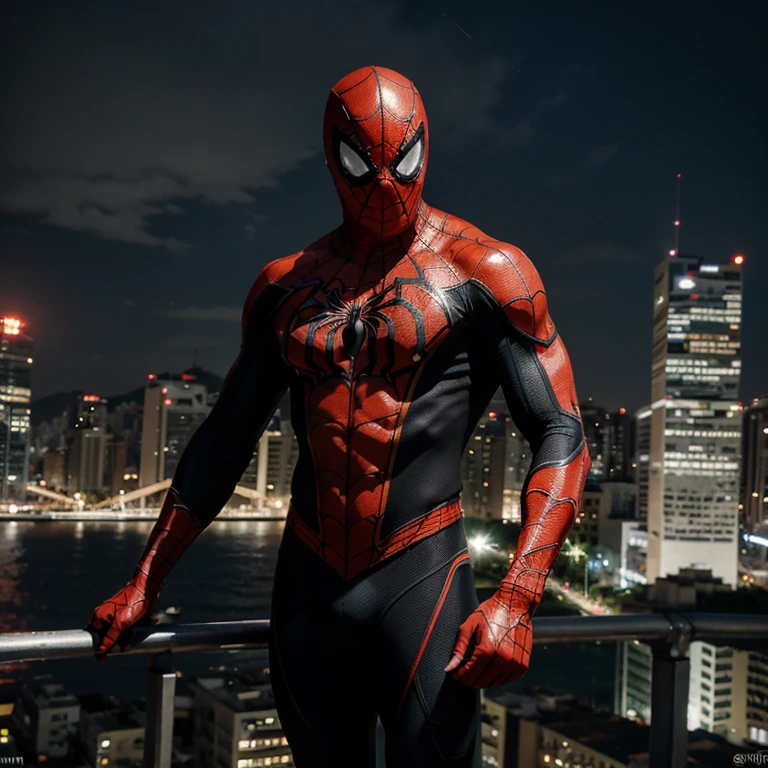 Homem aranha brasileiro,best quality,highres,ultra-detailed,realistic,photorealistic:1.37,HDR,UHD,studio lighting,extreme detail description,professional,vivid colors,bokeh,portraits,spiderweb,amazing acrobatics,cityscape,night scene,action-packed,spider suit,onslaught of enemies,dynamic composition,urban environment,Brazilian flag,colorful graffiti,parkour,superpower,mask,spinning web,streets of Rio de Janeiro,scenic view,Samba music,exciting adventure,mysterious villain,Spider-Man's confident posture,hidden identity,city skyline,iconic pose,web-swinging through skyscrapers,web-slinging through the rainforest,jumping from building to building,heroic stance,secrecy,spider senses,fierce showdown.