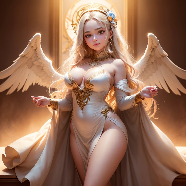 (hermosa hembra madura (Cara perfecta) angelical), trompetas, cola, smiling with anticipation, Pale skin, vestido estilo diosa griega de mangas largas con apertura en el pecho, Envuelto en nueves, (ojos ardientes:1.5), proporciones perfectas, Cuerpo fuerte, Temptation, Tomando tu alma, Fondo del Olimpo, rayos luz, Divine radiance and illumination, (Obra maestra), (fotorrealista:1.4), Foto RAW, La mejor calidad, high resolusion, colores ricos, Luz de fondo, luz solar brillante, cinematic lighting, Film grain, Foto RAW, Lente de 50 mm, Nikon D850, warm colours, sudoroso