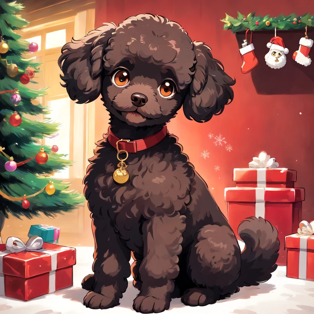 (masutepiece), Best Quality, Expressive eyes, Perfect face, black chocolate toy poodle, fluffy fur, slender and elegant dog、Christmas