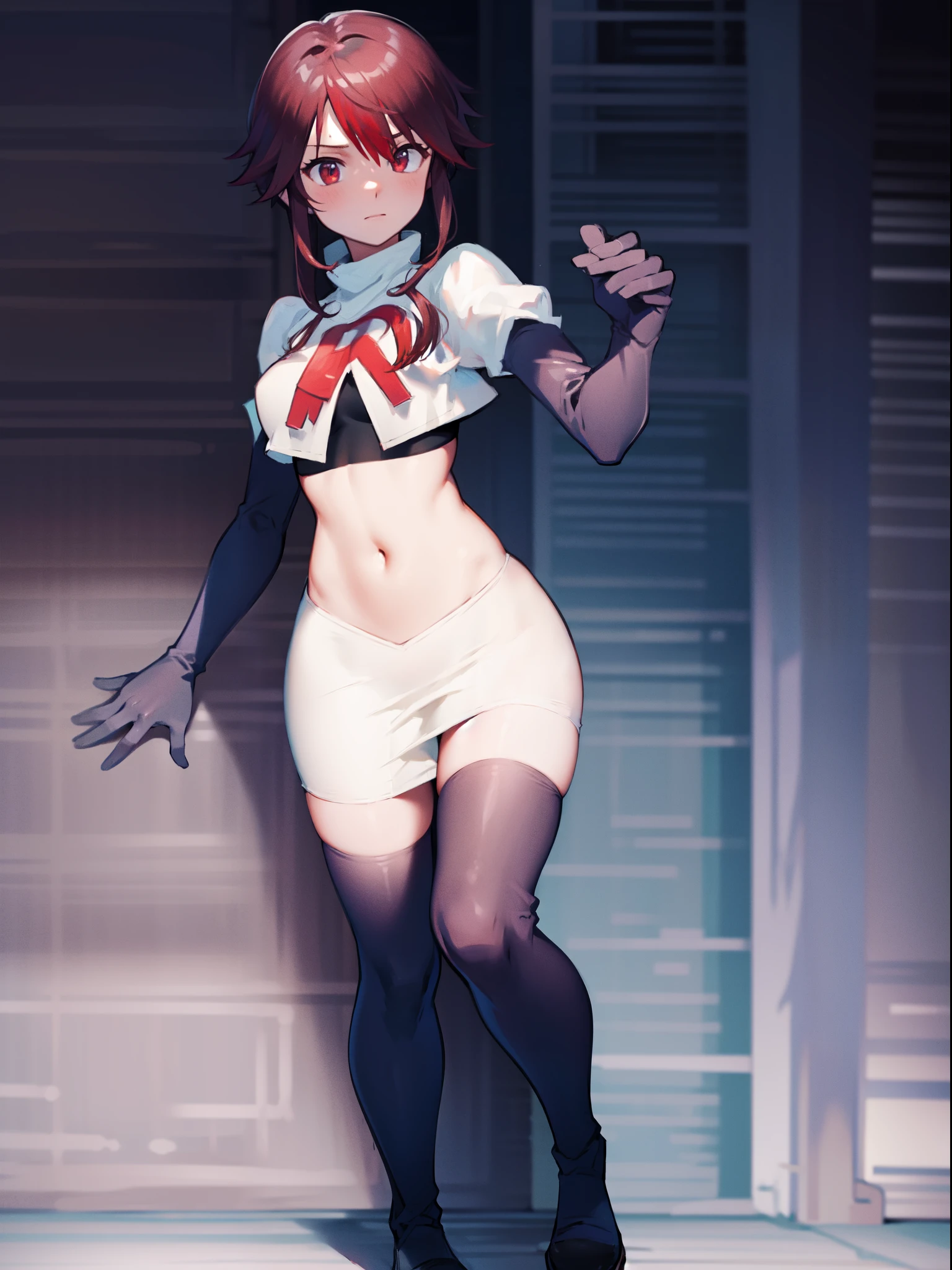 rosariarnd, team rocket,team rocket uniform, red letter R, white skirt,white crop top,black thigh-highs,black elbow gloves
